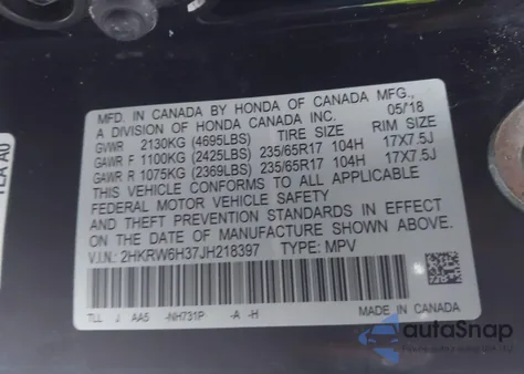 2018 Honda Cr-V Lx из США, поврежденный, VIN 2HKRW6H37JH218397